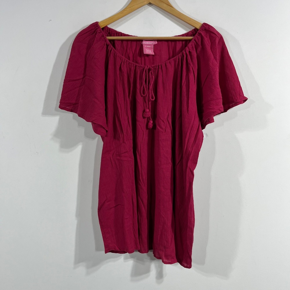 Woman Within Renfair Red Boho Crinkle Gauze Peasant Top Tassel Large Hippie Chic